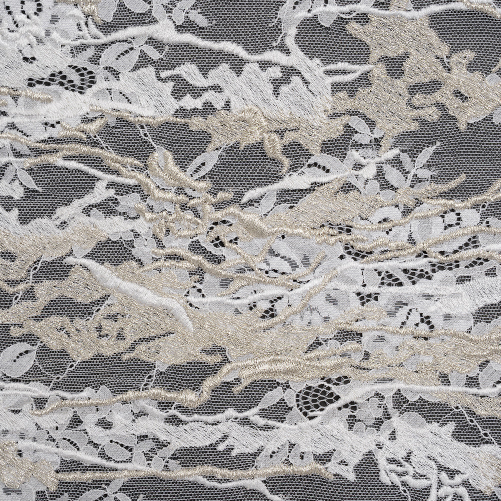 Metallic Embroidered Raschel Lace - Off White and Silver Floral and Waves with Scalloped Border
