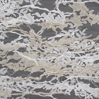 Metallic Embroidered Raschel Lace - Off White and Silver Floral and Waves with Scalloped Border
