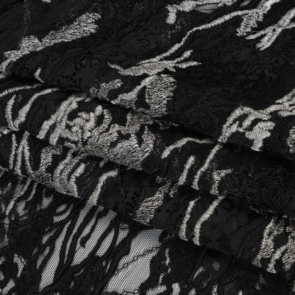 Metallic Embroidered Raschel Lace - Black and Silver Floral and Waves with Scalloped Border