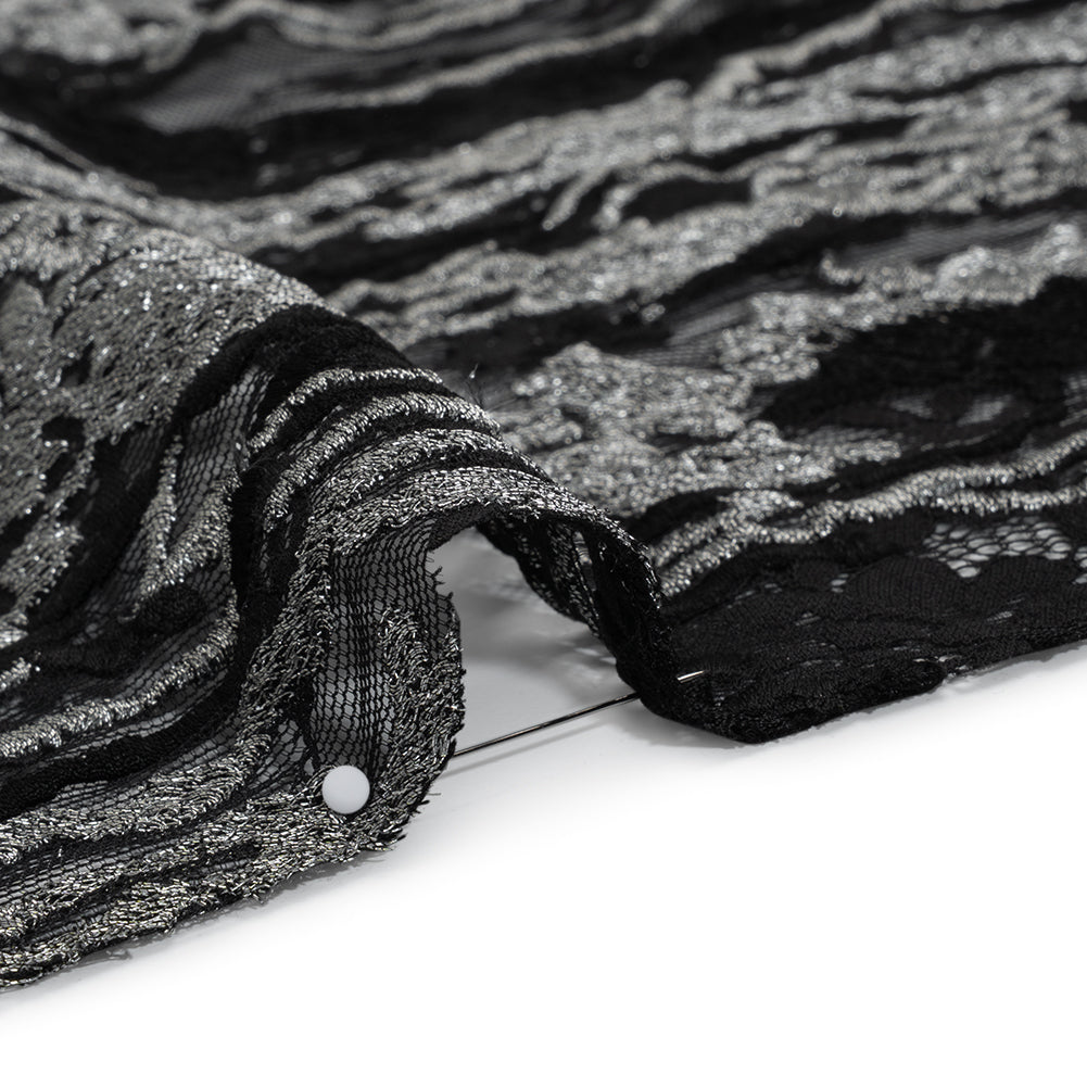 Metallic Embroidered Raschel Lace - Black and Silver Floral and Waves with Scalloped Border