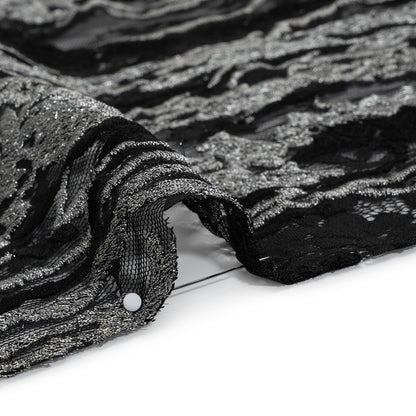 Metallic Embroidered Raschel Lace - Black and Silver Floral and Waves with Scalloped Border
