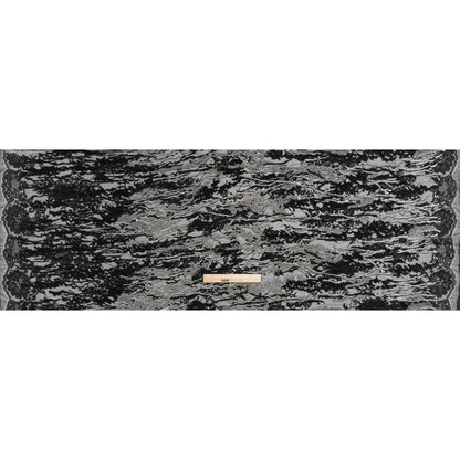 Metallic Embroidered Raschel Lace - Black and Silver Floral and Waves with Scalloped Border