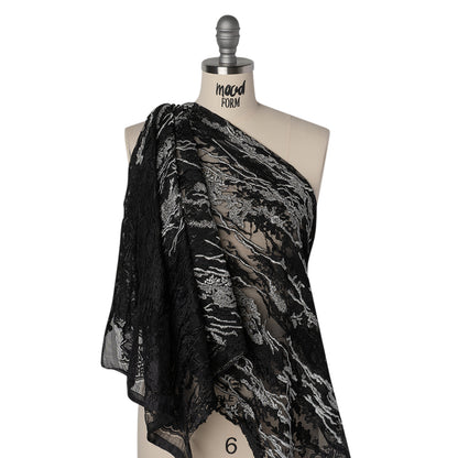 Metallic Embroidered Raschel Lace - Black and Silver Floral and Waves with Scalloped Border