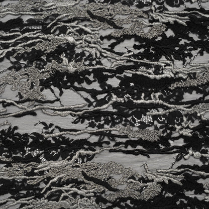 Metallic Embroidered Raschel Lace - Black and Silver Floral and Waves with Scalloped Border
