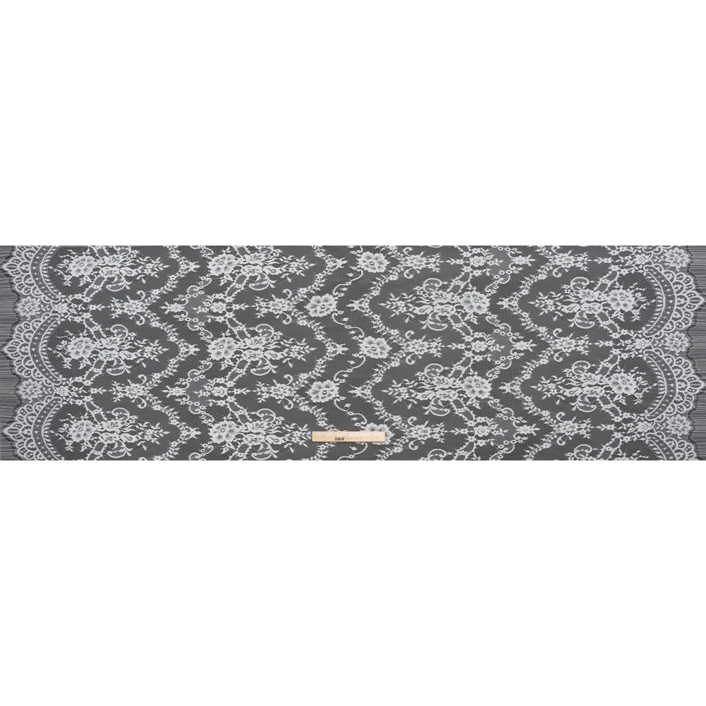 Nylon Raschel Lace - White Fancy Floral with Scalloped Borders