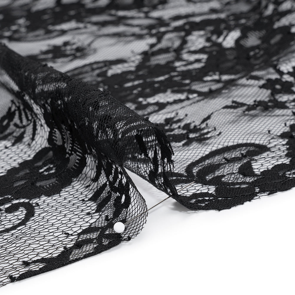 Nylon Raschel Lace - Black Fancy Floral with Scalloped Borders