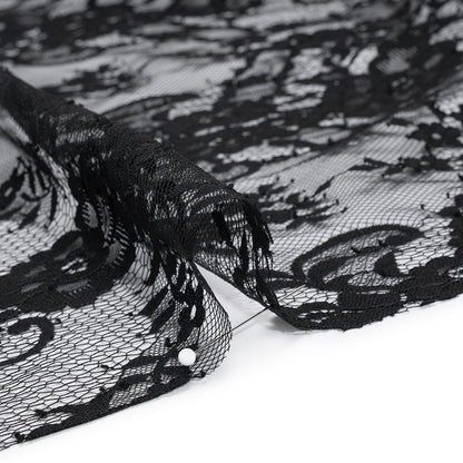 Nylon Raschel Lace - Black Fancy Floral with Scalloped Borders