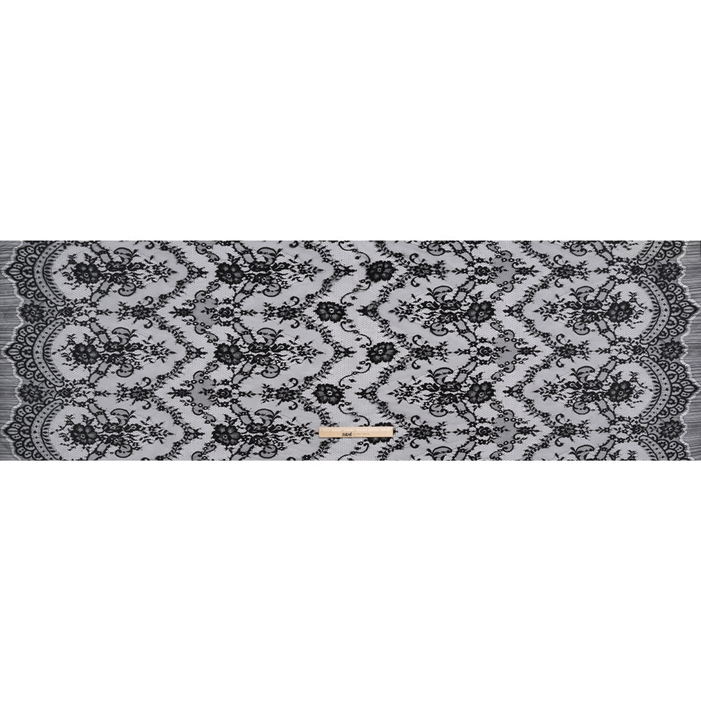 Nylon Raschel Lace - Black Fancy Floral with Scalloped Borders