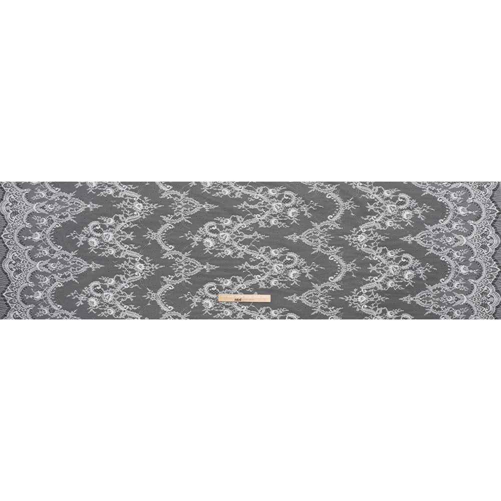 Nylon Re-Embroidered Lace - White Paisley Floral Swirl with Scalloped Borders