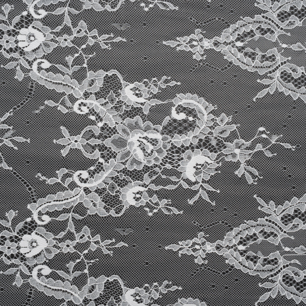 Nylon Re-Embroidered Lace - White Paisley Floral Swirl with Scalloped Borders