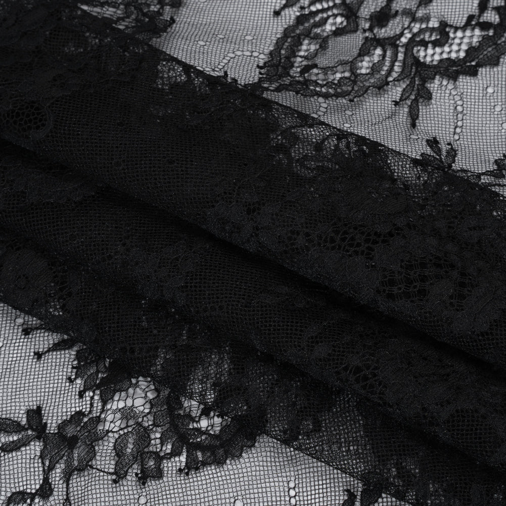 Nylon Re-Embroidered Lace - Black Paisley Floral Swirl with Scalloped Borders