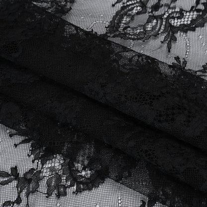 Nylon Re-Embroidered Lace - Black Paisley Floral Swirl with Scalloped Borders
