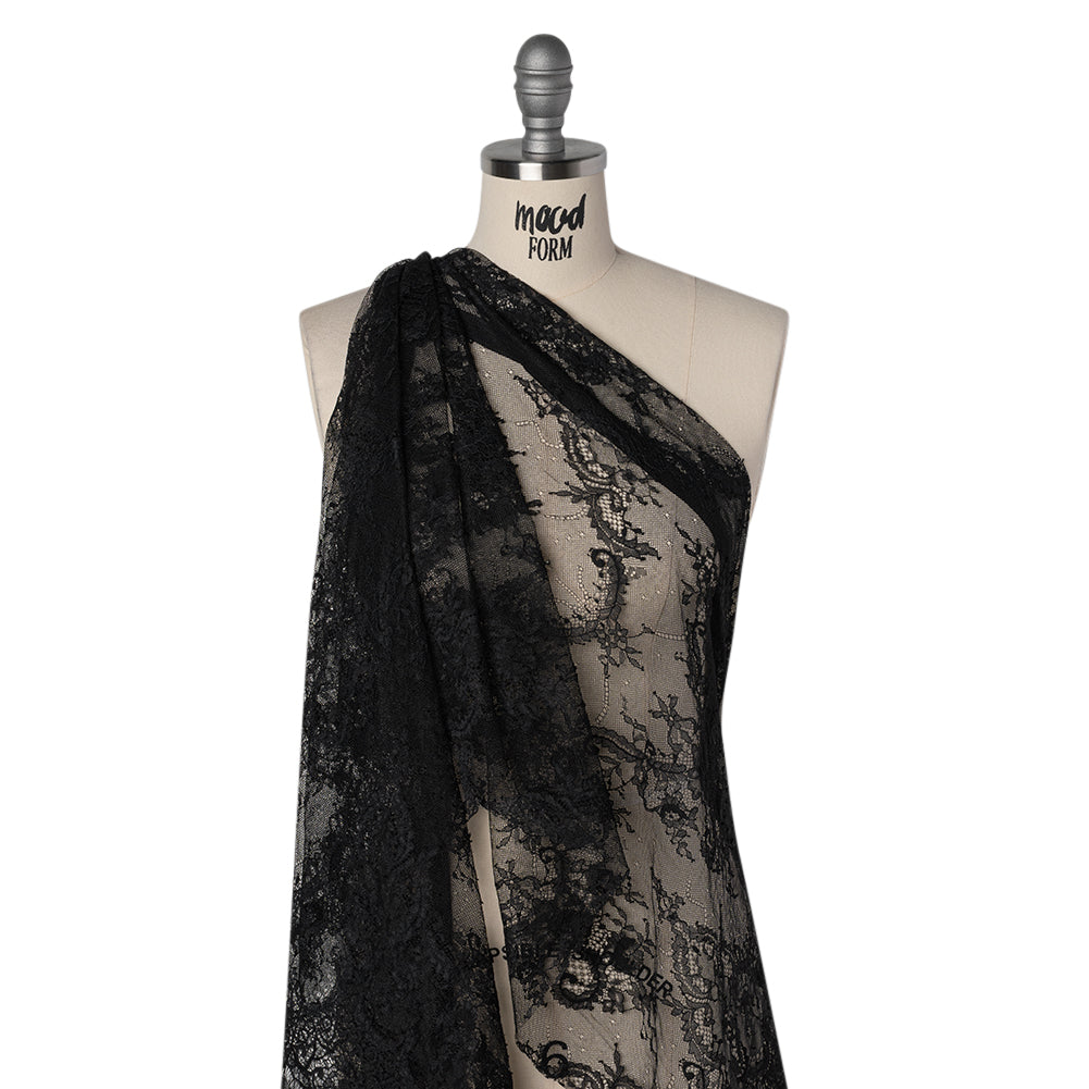 Nylon Re-Embroidered Lace - Black Paisley Floral Swirl with Scalloped Borders