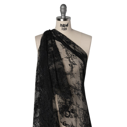 Nylon Re-Embroidered Lace - Black Paisley Floral Swirl with Scalloped Borders