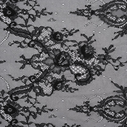Nylon Re-Embroidered Lace - Black Paisley Floral Swirl with Scalloped Borders