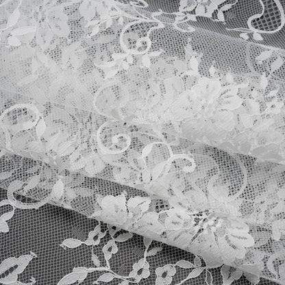 Nylon Re-Embroidered Lace - White Floral Swirly Vines with Scalloped Borders