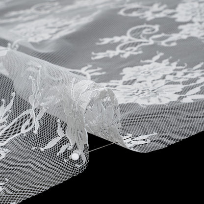 Nylon Re-Embroidered Lace - White Floral Swirly Vines with Scalloped Borders