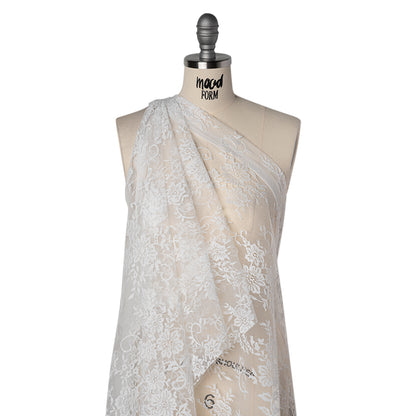 Nylon Re-Embroidered Lace - White Floral Swirly Vines with Scalloped Borders