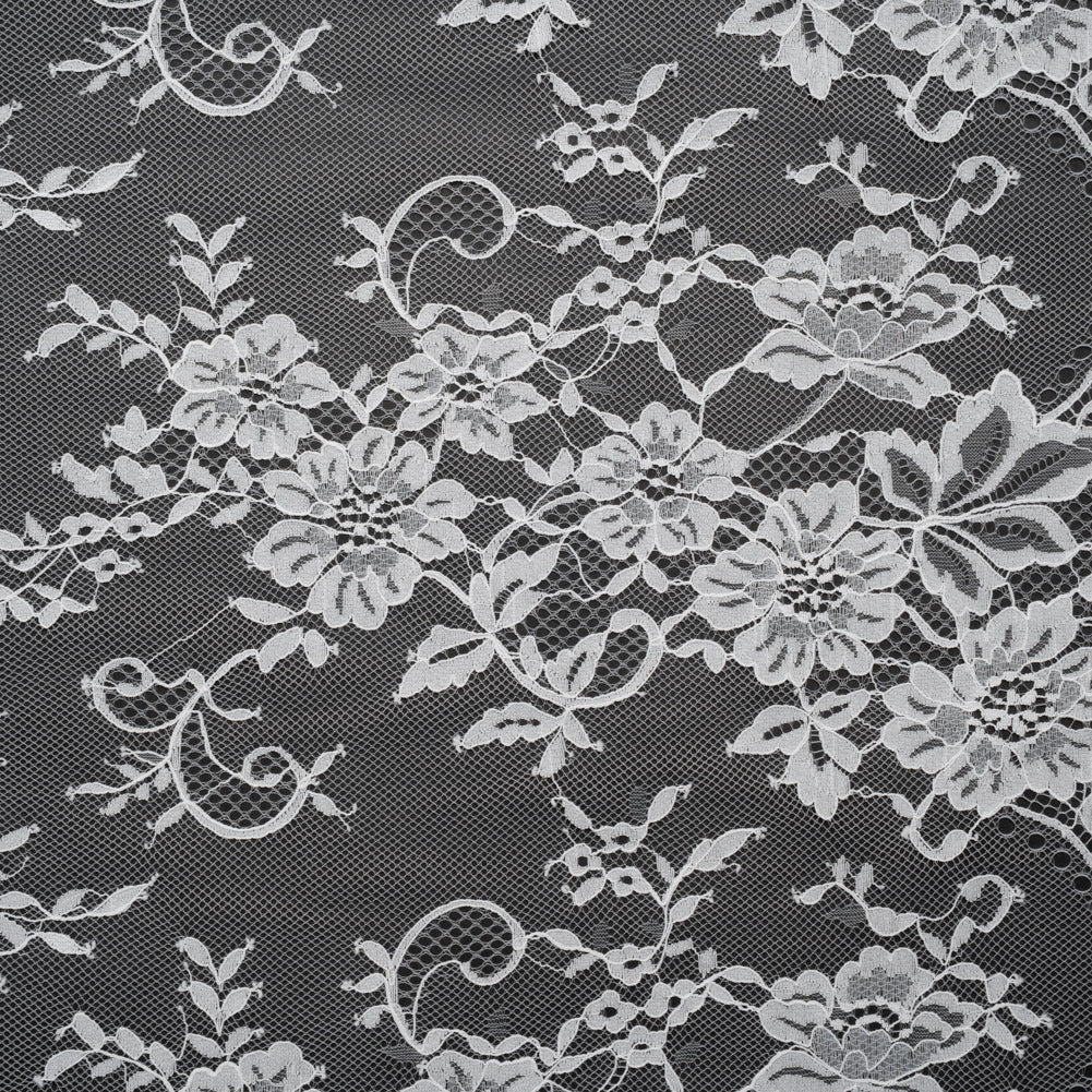 Nylon Re-Embroidered Lace - White Floral Swirly Vines with Scalloped Borders