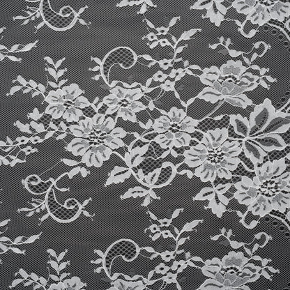 Nylon Re-Embroidered Lace - White Floral Swirly Vines with Scalloped Borders