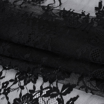 Nylon Re-Embroidered Lace - Black Floral Swirly Vines with Scalloped Borders
