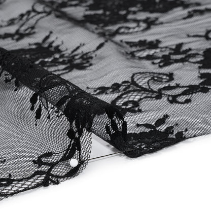 Nylon Re-Embroidered Lace - Black Floral Swirly Vines with Scalloped Borders