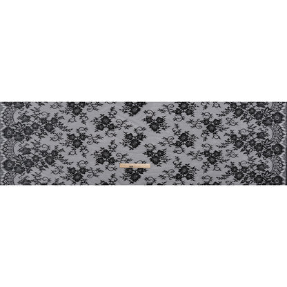 Nylon Re-Embroidered Lace - Black Floral Swirly Vines with Scalloped Borders