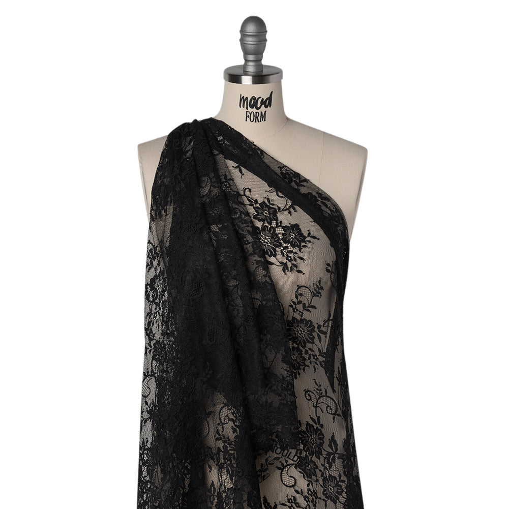 Nylon Re-Embroidered Lace - Black Floral Swirly Vines with Scalloped Borders