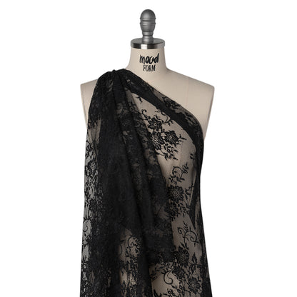Nylon Re-Embroidered Lace - Black Floral Swirly Vines with Scalloped Borders