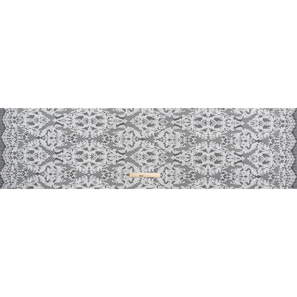 Nylon Re-Embroidered Lace - White Floral Damask with Scalloped Borders