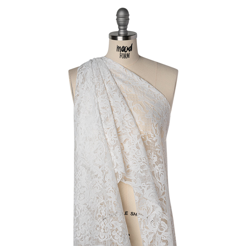 Nylon Re-Embroidered Lace - White Floral Damask with Scalloped Borders
