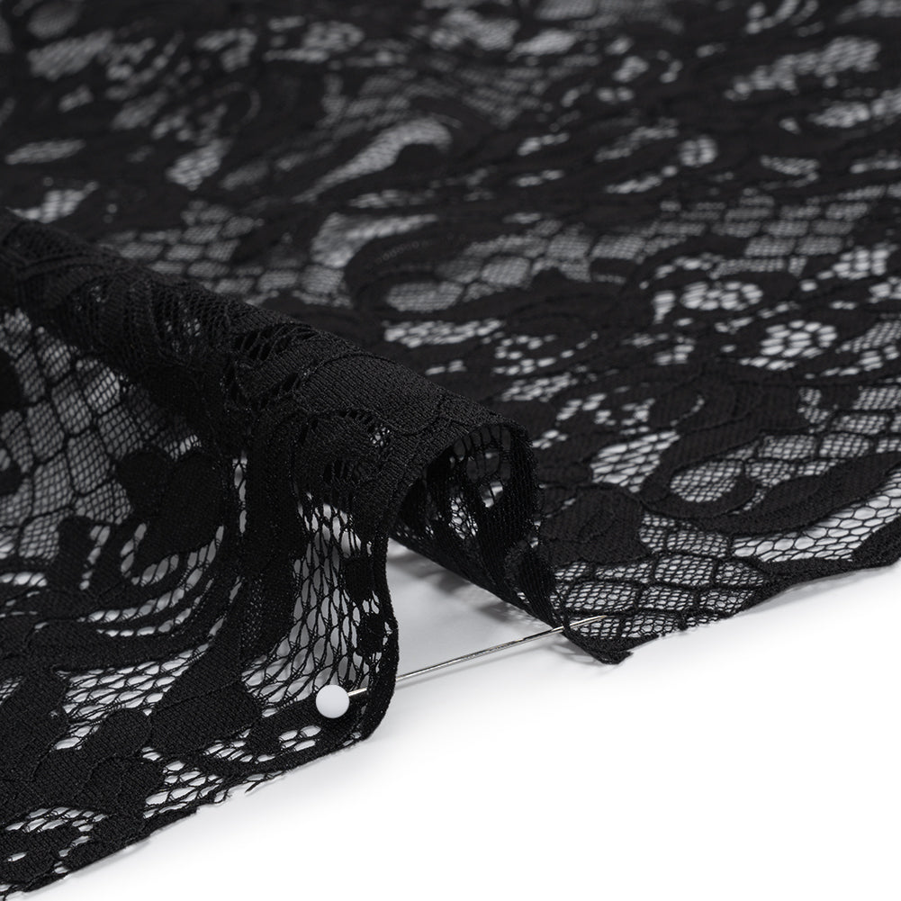 Nylon Re-Embroidered Lace - Black Floral Damask with Scalloped Borders