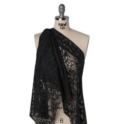 Nylon Re-Embroidered Lace - Black Floral Damask with Scalloped Borders