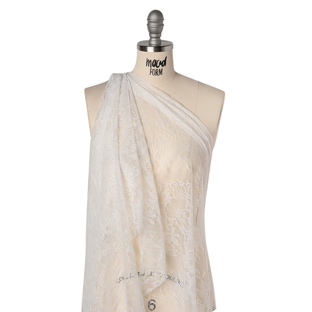 Chantilly Lace with Finished Scalloped Edges - White Fancy Florals Drape