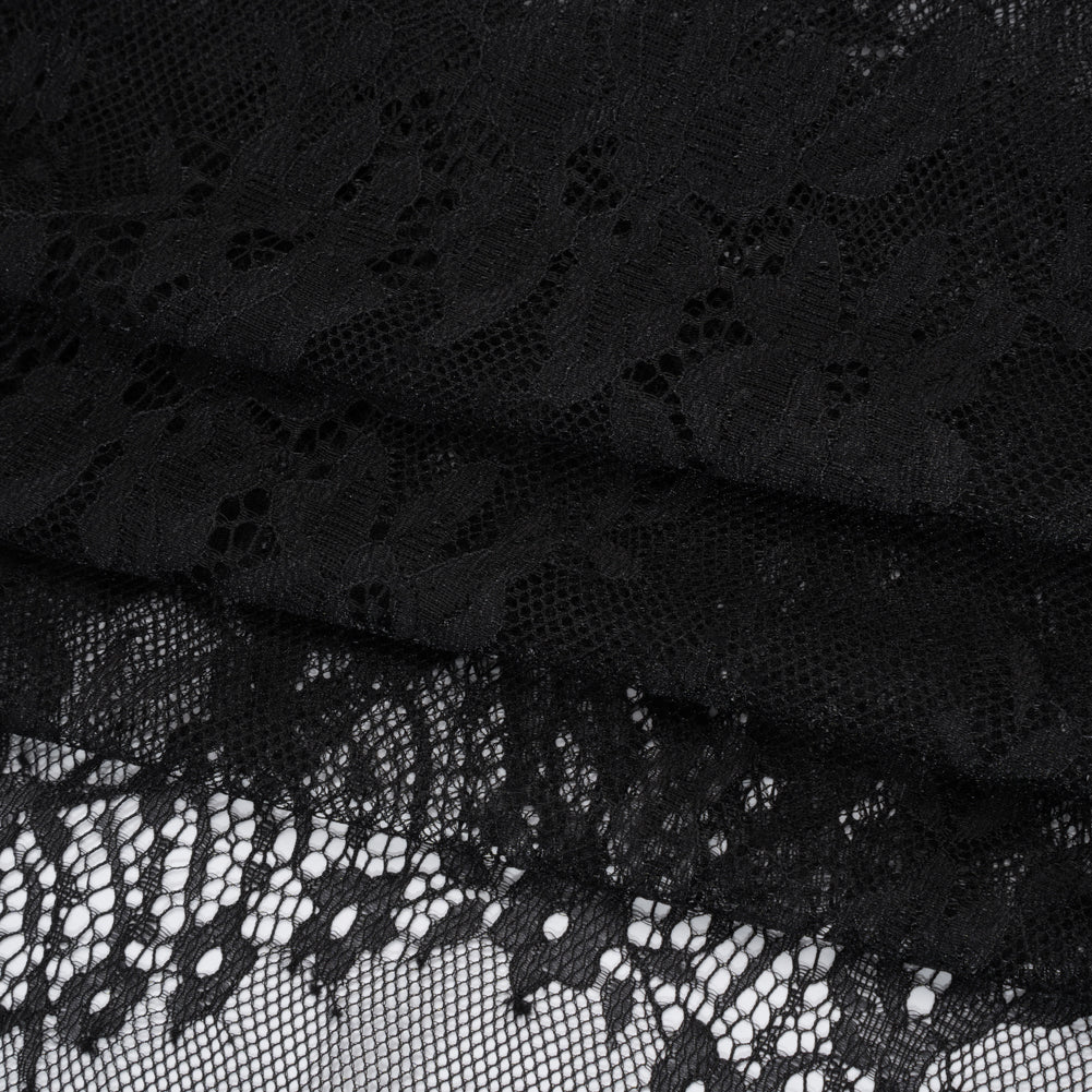 Chantilly Lace with Finished Scalloped Edges - Black Fancy Florals Folded