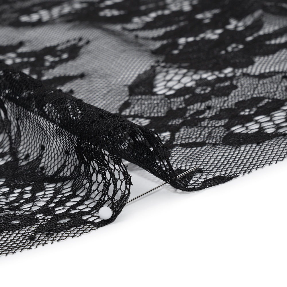 Chantilly Lace with Finished Scalloped Edges - Black Fancy Florals Detail