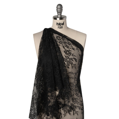 Chantilly Lace with Finished Scalloped Edges - Black Fancy Florals Drape
