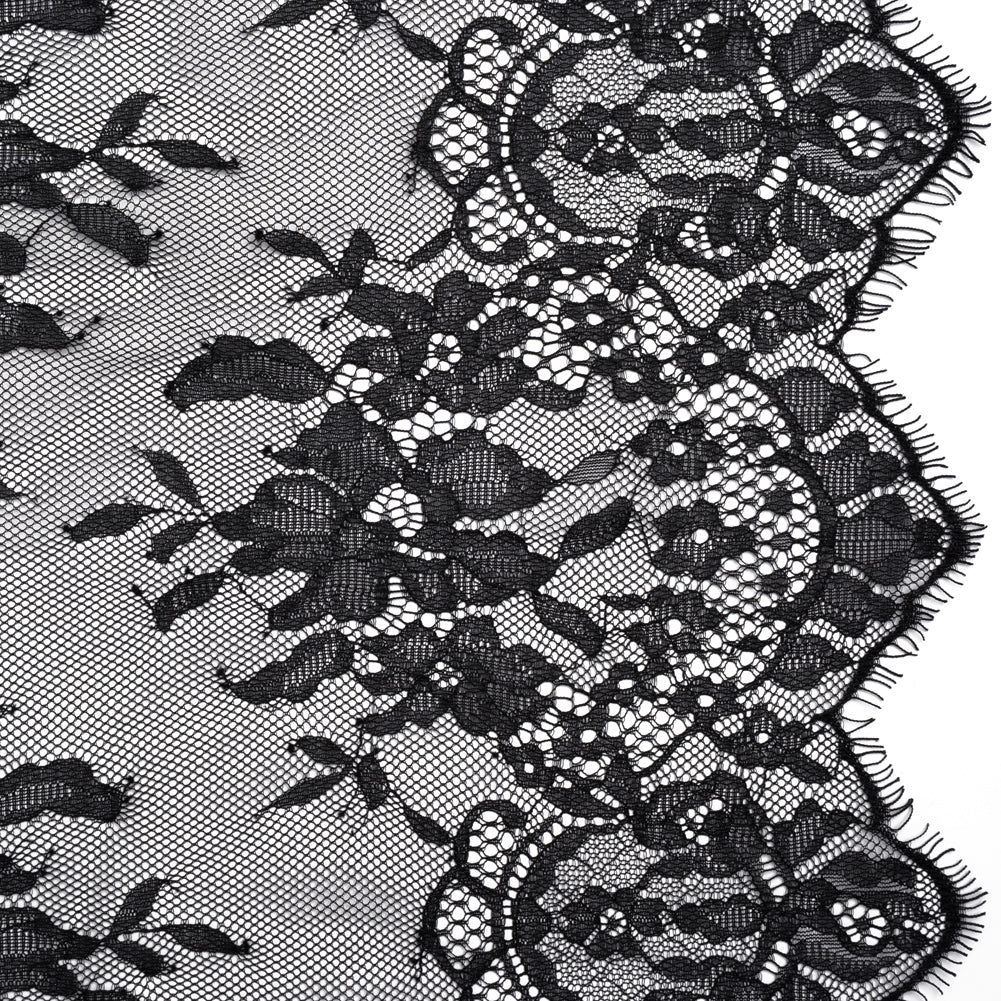 Chantilly Lace with Finished Scalloped Edges - Black Fancy Florals