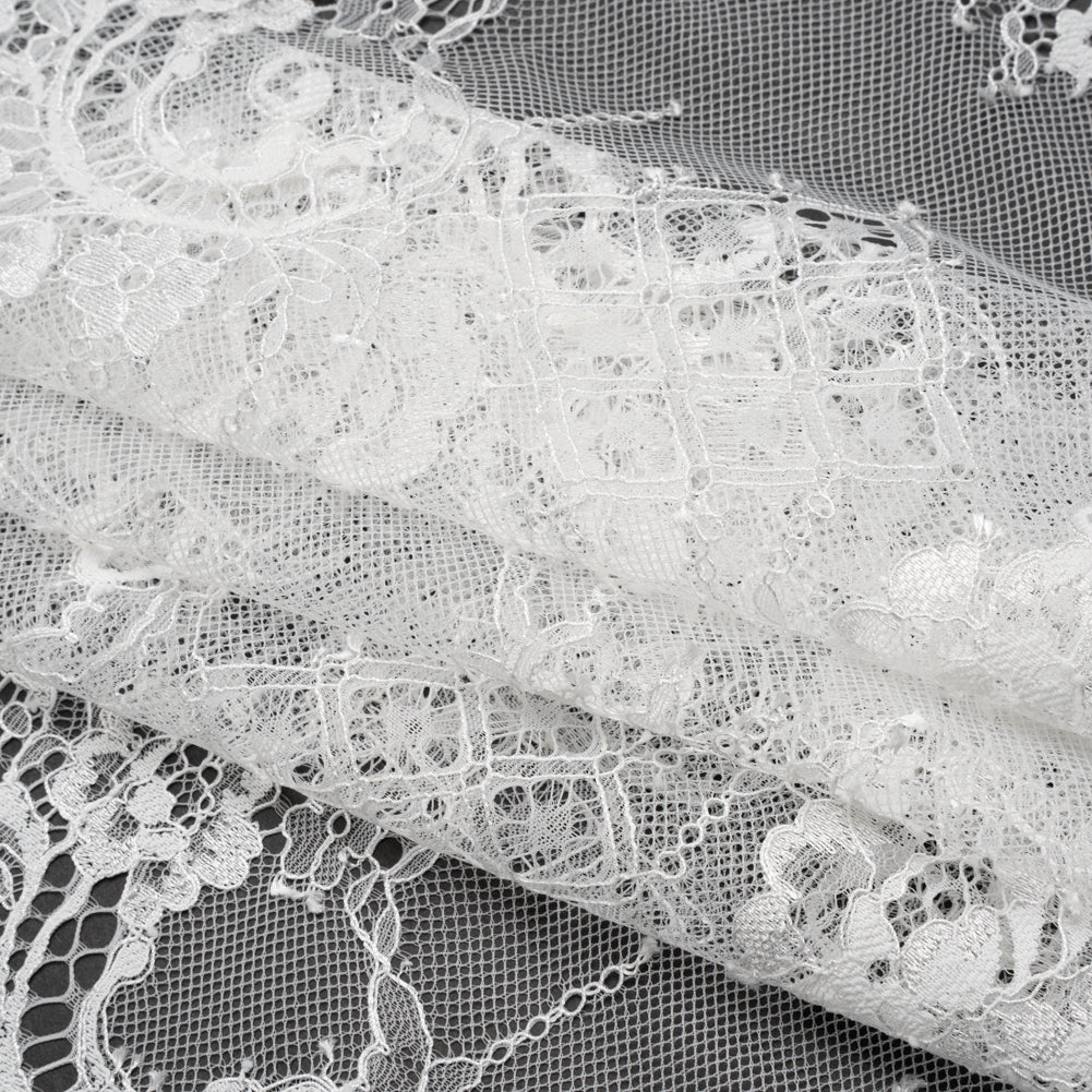 Luminous Re-Embroidered Lace with Finished Scalloped Edges - White Floral and Diamond Lattices Folded