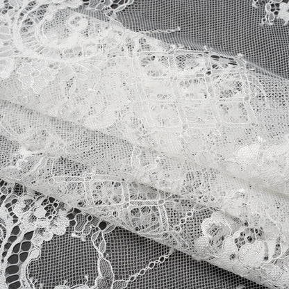 Luminous Re-Embroidered Lace with Finished Scalloped Edges - White Floral and Diamond Lattices Folded