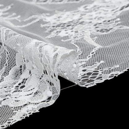 Luminous Re-Embroidered Lace with Finished Scalloped Edges - White Floral and Diamond Lattices Detail