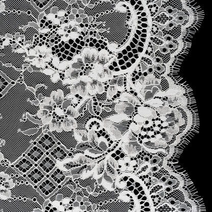 Luminous Re-Embroidered Lace with Finished Scalloped Edges - White Floral and Diamond Lattices
