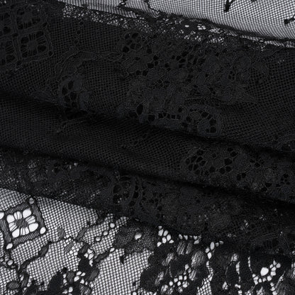 Luminous Re-Embroidered Lace with Finished Scalloped Edges - Black Floral and Diamond Lattices Folded