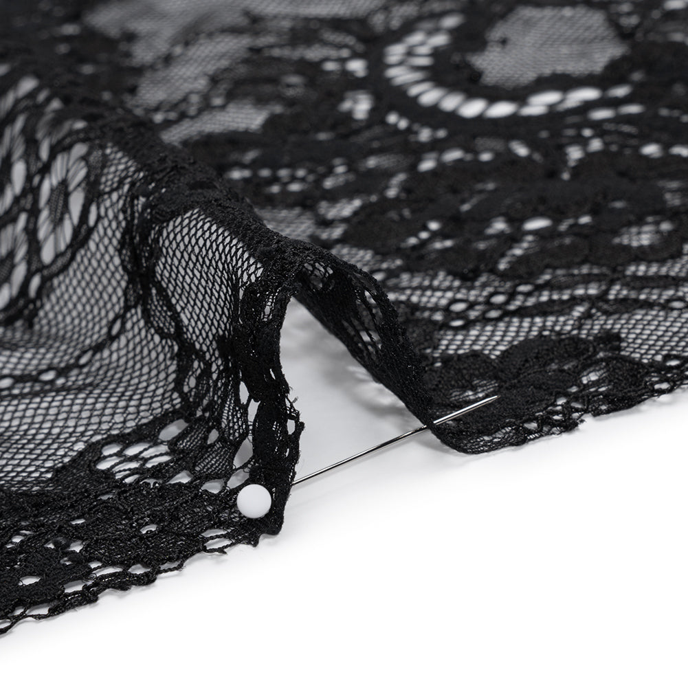 Luminous Re-Embroidered Lace with Finished Scalloped Edges - Black Floral and Diamond Lattices Detail
