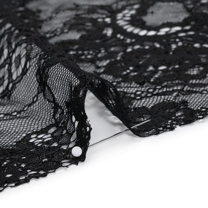 Luminous Re-Embroidered Lace with Finished Scalloped Edges - Black Floral and Diamond Lattices Detail