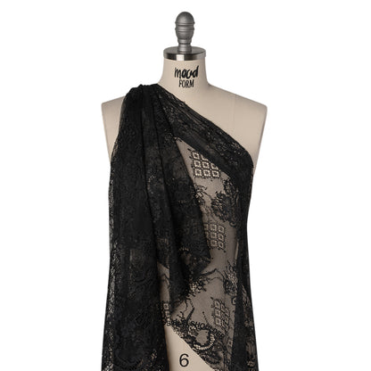 Luminous Re-Embroidered Lace with Finished Scalloped Edges - Black Floral and Diamond Lattices Drape