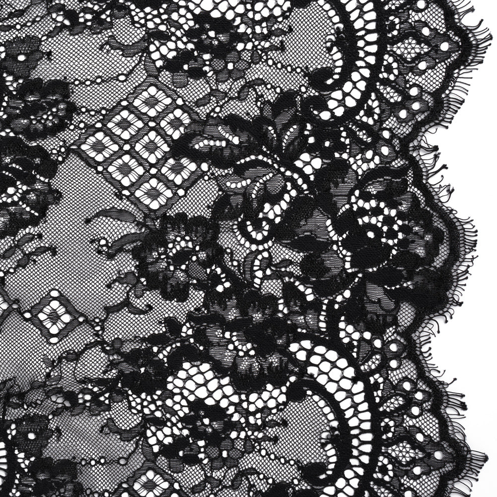Luminous Re-Embroidered Lace with Finished Scalloped Edges - Black Floral and Diamond Lattices