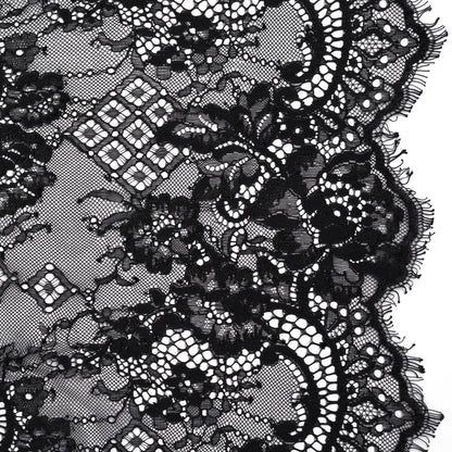 Luminous Re-Embroidered Lace with Finished Scalloped Edges - Black Floral and Diamond Lattices
