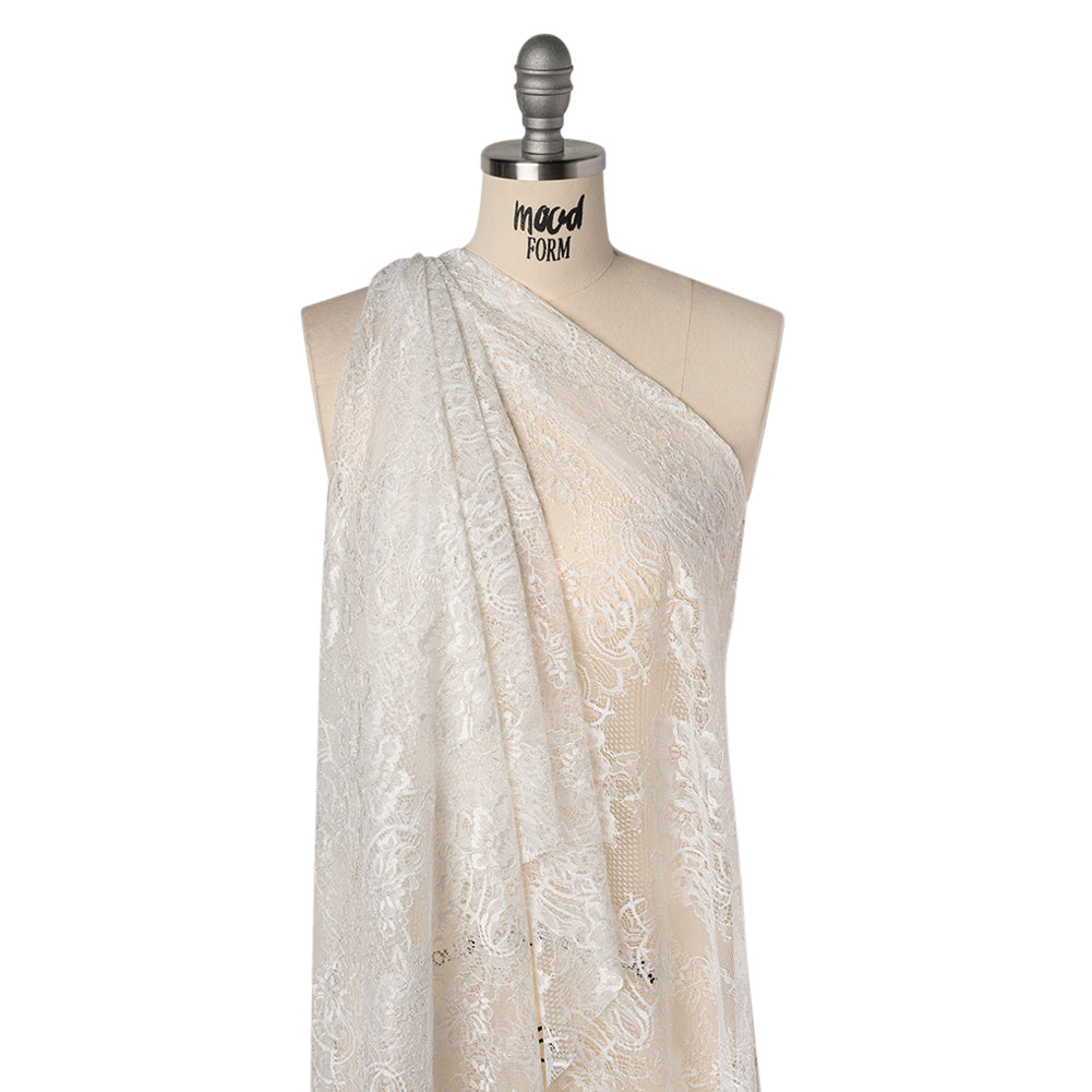 Luminous Re-Embroidered Lace - Off White Floral and Paisley with Scalloped Border Drape