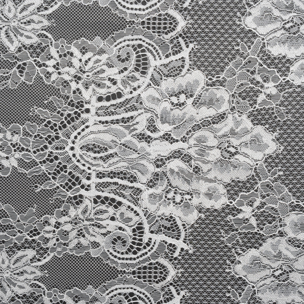 Luminous Re-Embroidered Lace - Off White Floral and Paisley with Scalloped Border
